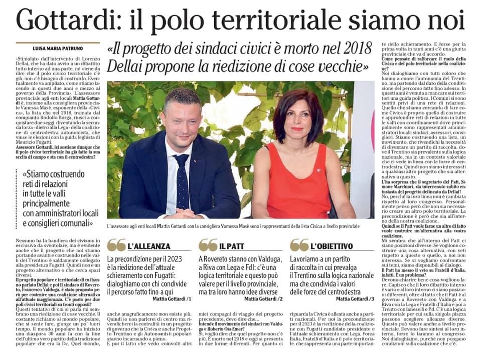 Intervista dell’Adige sull’attuale scenario politico e prospettive in ottica elezioni&nbsp;2023