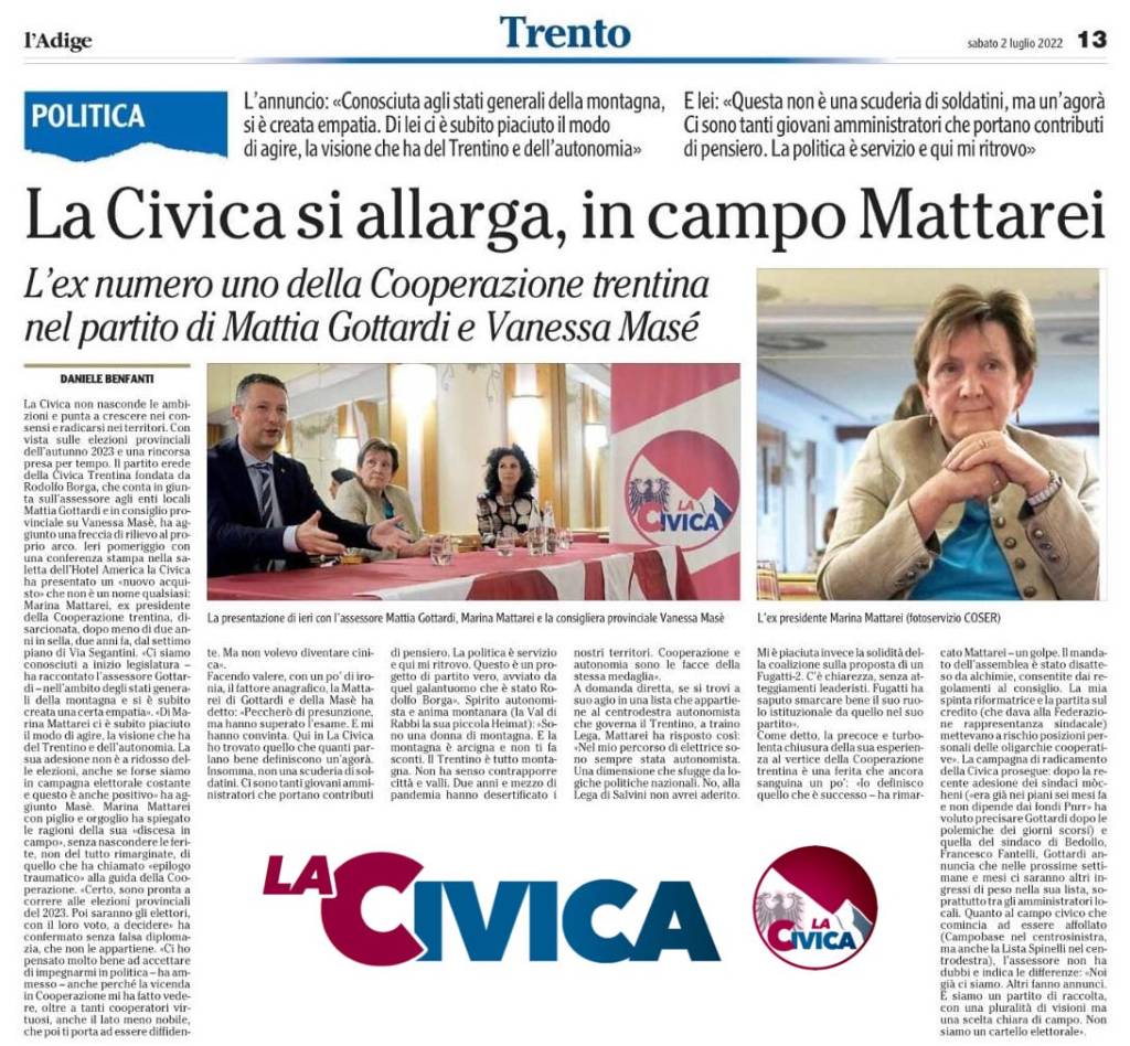La Civica si radica sul territorio: in campo Marina&nbsp;Mattarei