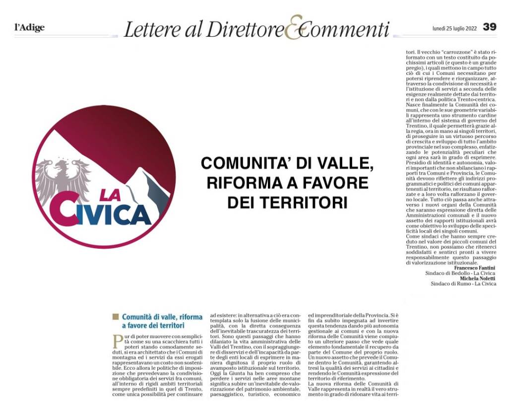 Comunità di Valle, riforma a favore dei&nbsp;territori