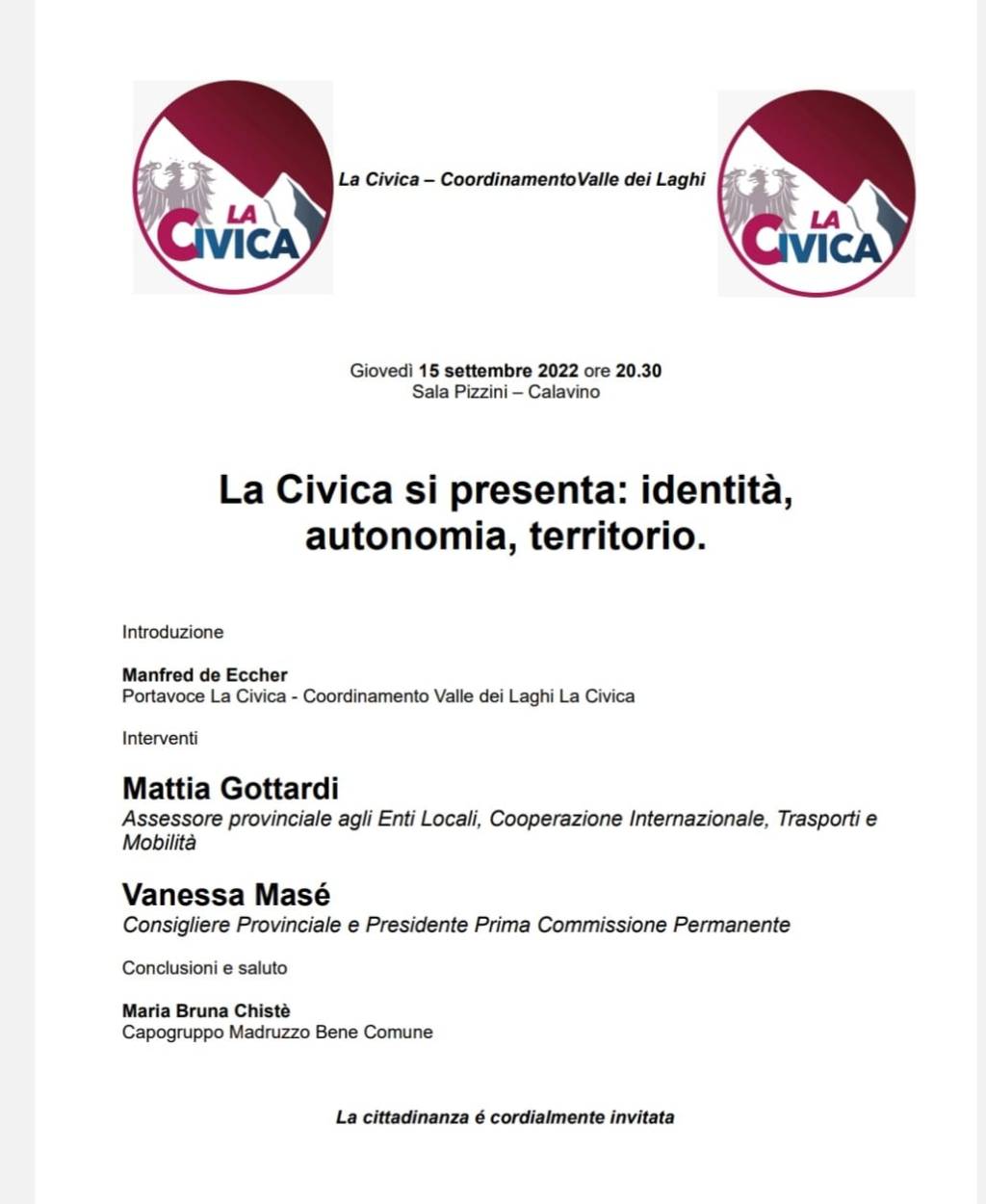 Incontro Valle dei Laghi : 15 settembre&nbsp;2022